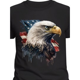 Camiseta Masculina com Águia Patriótica & Bandeira Americana - Algodão Macio, Manga Curta, Gola Redonda, Estilo Bohemio para o 4 de Julho ou Uso Casual Diário, Roupas com Bandeira Americana