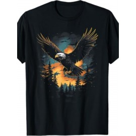 Camiseta Masculina com Gráfico de Águia Majestosa - 100% Algodão, Gola Redonda, Manga Curta, Ajuste Elástico, Design Casual da Vida Selvagem com Cena Vibrante do Pôr-do-Sol na Floresta, Camiseta de Verão Regular para Adultos