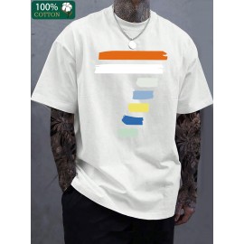 Camiseta Masculina de Algodão Espessado 220g - Estampa Gráfica Geométrica Manga Curta Gola Redonda, Camiseta Casual de Verão com Cores Vibrantes, Lavável à Máquina