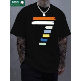 Camiseta Masculina de Algodão Espessado 220g - Estampa Gráfica Geométrica Manga Curta Gola Redonda, Camiseta Casual de Verão com Cores Vibrantes, Lavável à Máquina