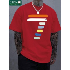 Camiseta Masculina de Algodão Espessado 220g - Estampa Gráfica Geométrica Manga Curta Gola Redonda, Camiseta Casual de Verão com Cores Vibrantes, Lavável à Máquina