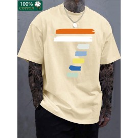 Camiseta Masculina de Algodão Espessado 220g - Estampa Gráfica Geométrica Manga Curta Gola Redonda, Camiseta Casual de Verão com Cores Vibrantes, Lavável à Máquina
