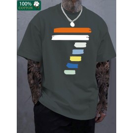 Camiseta Masculina de Algodão Espessado 220g - Estampa Gráfica Geométrica Manga Curta Gola Redonda, Camiseta Casual de Verão com Cores Vibrantes, Lavável à Máquina