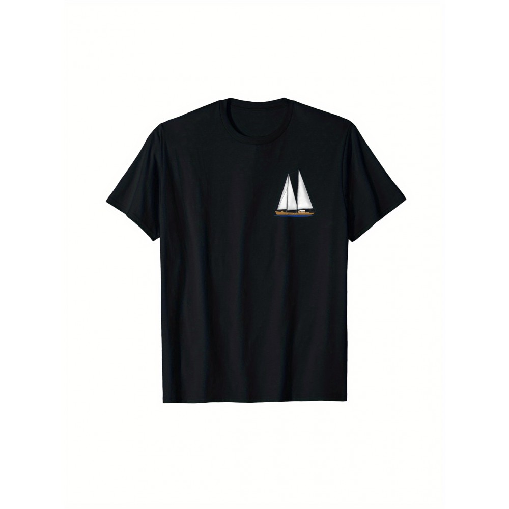 Camiseta Masculina com Estampa de Veleiro de Santa Mônica Califórnia - Impressão Dupla Face, Camiseta de Algodão Preta com Gola Redonda, Casual e Confortável para Todas as Estações