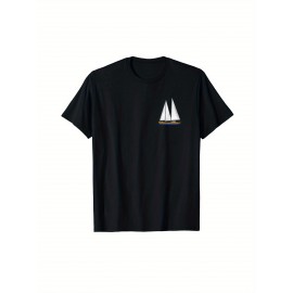 Camiseta Masculina com Estampa de Veleiro de Santa Mônica Califórnia - Impressão Dupla Face, Camiseta de Algodão Preta com Gola Redonda, Casual e Confortável para Todas as Estações