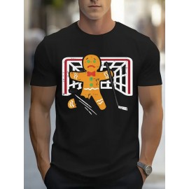T-shirt de algodão macio para homem com padrão de porta de hóquei de pão de gengibre triste - Preto, ajuste fino, manga curta, durável e respirável