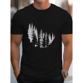 Camiseta Masculina de Algodão Respirável com Estampa de Silhueta Florestal - Gola Careca Casual e Manga Curta, Perfeita para Primavera e Verão, Tecido Micro-elástico para Conforto em Todas as Estações, Lavável à Máquina