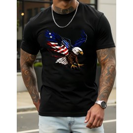 T-shirt de manga curta e decote redondo para o Dia da Independência, exclusiva em algodão puro de 180g, casual e confortável, com padrão de águia espalhada e bandeira americana, elegante, casual e suave, em algodão puro, confortável e respirável.