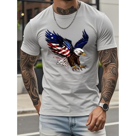 T-shirt de manga curta e decote redondo para o Dia da Independência, exclusiva em algodão puro de 180g, casual e confortável, com padrão de águia espalhada e bandeira americana, elegante, casual e suave, em algodão puro, confortável e respirável.