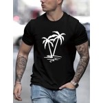 T-shirt masculina de manga curta com estampa de palmeira, confortável, com decote redondo, em algodão, respirável e macia, roupa masculina, t-shirt de verão e primavera, roupa de rua, tecido de algodão, estampa de letras na moda