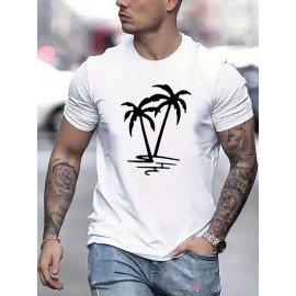 T-shirt masculina de manga curta com estampa de palmeira, confortável, com decote redondo, em algodão, respirável e macia, roupa masculina, t-shirt de verão e primavera, roupa de rua, tecido de algodão, estampa de letras na moda