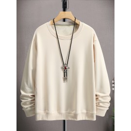 Moletom Masculino de Poliéster Macio na Cor Creme - Casual, Elegante com Manga Longa e Gola Redonda com Detalhe de Chaveiro de Esqueleto, Lavável à Máquina para Uso Confortável ao Ar Livre na Primavera & Outono