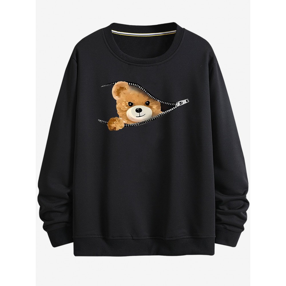 Moletom estampado com padrão criativo de urso com zíper, moletom de mangas compridas com capuz e gola redonda, casual e fashion, ideal para usar na primavera e outono, confortável e respirável.