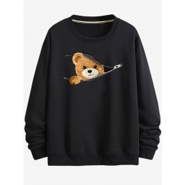 Moletom estampado com padrão criativo de urso com zíper, moletom de mangas compridas com capuz e gola redonda, casual e fashion, ideal para usar na primavera e outono, confortável e respirável.