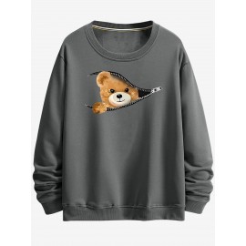Moletom estampado com padrão criativo de urso com zíper, moletom de mangas compridas com capuz e gola redonda, casual e fashion, ideal para usar na primavera e outono, confortável e respirável.