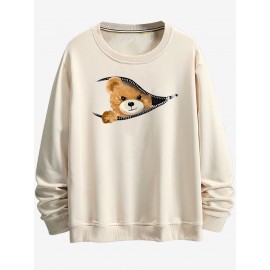 Moletom estampado com padrão criativo de urso com zíper, moletom de mangas compridas com capuz e gola redonda, casual e fashion, ideal para usar na primavera e outono, confortável e respirável.