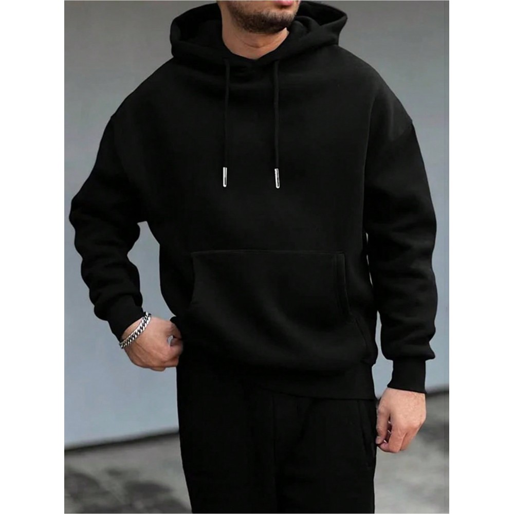Moletom 1 peça / 100% poliéster, Moletom com bolso canguru de cor sólida, Manga longa casual com cordão, Outono e Inverno para homens