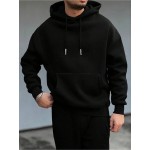 Moletom 1 peça / 100% poliéster, Moletom com bolso canguru de cor sólida, Manga longa casual com cordão, Outono e Inverno para homens
