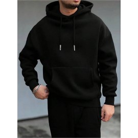 Moletom 1 peça / 100% poliéster, Moletom com bolso canguru de cor sólida, Manga longa casual com cordão, Outono e Inverno para homens