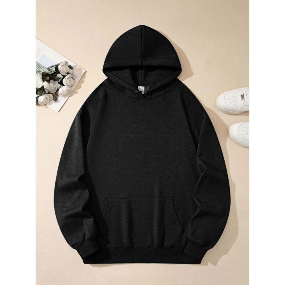 Moletom com Capuz de Fleece Masculino Casual - Mistura de Algodão Solto com Bolso Canguru, Preto Manga Longa Lavável à Máquina para o Outono Inverno