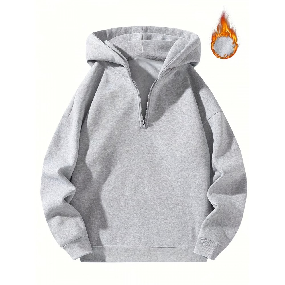 Moletom com Capuz Forrado em Fleece para Homens - Cinza, Manga Comprida, Gola com Zíper, Quente e Confortável para Uso Casual, Moletom Esportivo | Estilo Casual Hoodie | Bolsos Funcionais, Suéter com Capuz