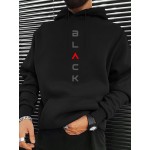 Moletom preto masculino com estampa de letras, casual e esportivo, com mangas compridas e bolso canguru, escolha perfeita para outono e inverno, pode ser lavado à máquina
