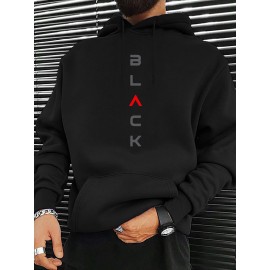 Moletom preto masculino com estampa de letras, casual e esportivo, com mangas compridas e bolso canguru, escolha perfeita para outono e inverno, pode ser lavado à máquina