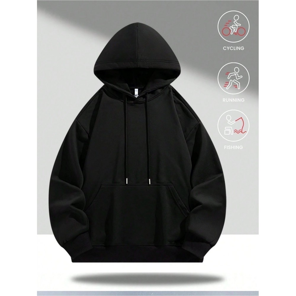 Moletom Slim Fit/ 1 peça de moletom/ 100% poliéster, Moletom com bolso canguru de cor sólida, Manga longa casual com cordão, Outono e Inverno para homens