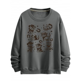 Camisola de Pescoço Redondo Cowboy Cat, Camisola de Pescoço Redondo da Moda e Tendência Masculina, Estampa de Gato Fofo, Camisola de Pescoço Redondo Confortável e Casual