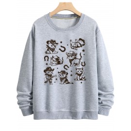 Camisola de Pescoço Redondo Cowboy Cat, Camisola de Pescoço Redondo da Moda e Tendência Masculina, Estampa de Gato Fofo, Camisola de Pescoço Redondo Confortável e Casual