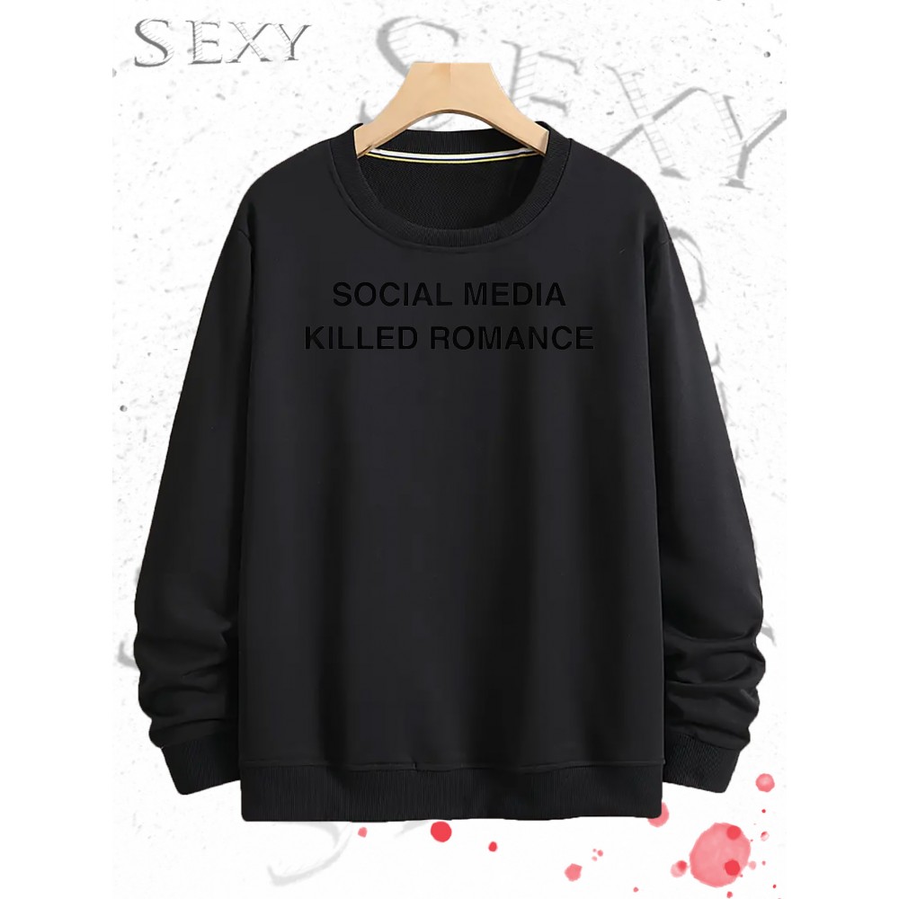 Mídia Social Matando Tendência Romântica Impressão Rua Roupas Camiseta T-Neck Impressa, Roupas Esportivas Diárias para Homens, Simples e Elegante, Tecidos Confortáveis e Quentes, Lazer em Casa, Comutação Coringa.