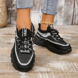 Sapatilha de plataforma de malha respirável para mulher, sapato casual de exterior com atacadores, sapatilha confortável de cano baixo, tamanho grande