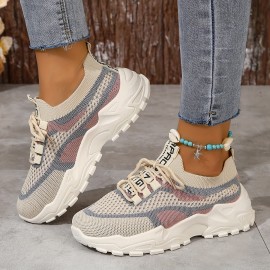 Sapatilha de plataforma de malha respirável para mulher, sapato casual de exterior com atacadores, sapatilha confortável de cano baixo, tamanho grande