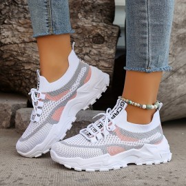 Sapatilha de plataforma de malha respirável para mulher, sapato casual de exterior com atacadores, sapatilha confortável de cano baixo, tamanho grande
