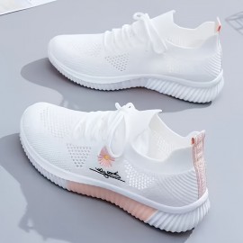 Vroue Se Tênis Leves e Respiráveis - Sapatilhas Esportivas Brancas com Bordado Floral Rosa, Solado Antiderrapante em PVC, Forro Macio para Conforto o Dia Todo, Design de Cadarço Baixo para Looks Casuais e Atividades ao Ar Livre