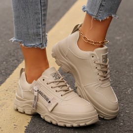 Tenis Femininos Casuais com Zíper Lateral e Amarração - Bico Redondo, Solado Grosso, Cabedal em PU e Sola de Borracha, Sapatos Versáteis Pretos para Todas as Estações, Calçados Casual