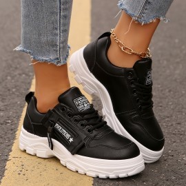 Tenis Femininos Casuais com Zíper Lateral e Amarração - Bico Redondo, Solado Grosso, Cabedal em PU e Sola de Borracha, Sapatos Versáteis Pretos para Todas as Estações, Calçados Casual