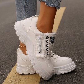 Tenis Femininos Casuais com Zíper Lateral e Amarração - Bico Redondo, Solado Grosso, Cabedal em PU e Sola de Borracha, Sapatos Versáteis Pretos para Todas as Estações, Calçados Casual