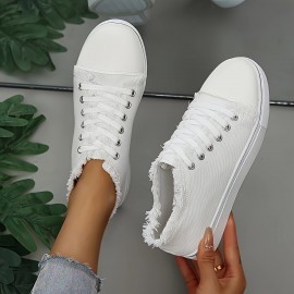 Sapatos desportivos casuais de malha respirável - Sola plana leve em borracha/tecido superior e forro interior, design de atacadores branco e verde para todas as estações