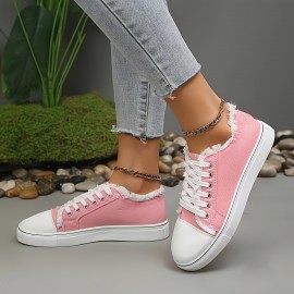 Sapatos desportivos casuais de malha respirável - Sola plana leve em borracha/tecido superior e forro interior, design de atacadores branco e verde para todas as estações
