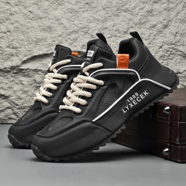 Tenis Casuais Masculinos Plus Size - Combinação de Cores Branco e Preto com Detalhes Laranja, Cabedal em PU & Sola PVC para Tração em Todas as Estações, Forro Respirável - Versáteis para o Dia a Dia, Outdoor e Streetwear, Sapatos Tenis, Calçado Allseason,