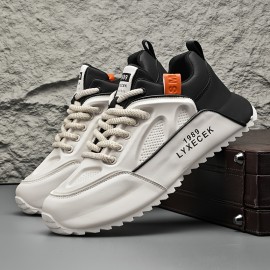 Tenis Casuais Masculinos Plus Size - Combinação de Cores Branco e Preto com Detalhes Laranja, Cabedal em PU & Sola PVC para Tração em Todas as Estações, Forro Respirável - Versáteis para o Dia a Dia, Outdoor e Streetwear, Sapatos Tenis, Calçado Allseason,
