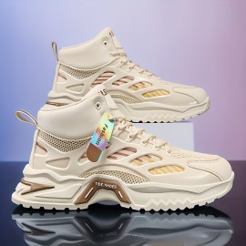 Sapatos casuais masculinos, Novos tênis esportivos de malha versáteis de cano alto, Solas grossas masculinas, Sapatos brancos pequenos de altura alta