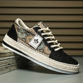 Calçado de Lona Masculino - Design Geométrico Estiloso, Sapatos Casuais com Cadarço e Sola de Espadrille para Atividades ao Ar Livre e Uso Diário