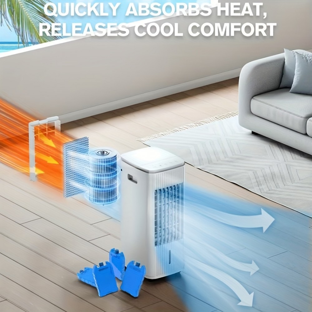 Resfriador de Ar Evaporativo Portátil 3-em-1 Sem Janela com Tanques Duplos, 3 Pacotes de Gelo & Temporizador Inteligente - Resfriador de Pântano de 60W e 25 Polegadas, Oscilação de 70°, 3 Velocidades para Quartos, Escritórios, Aparelho Moderno, Corpo em P