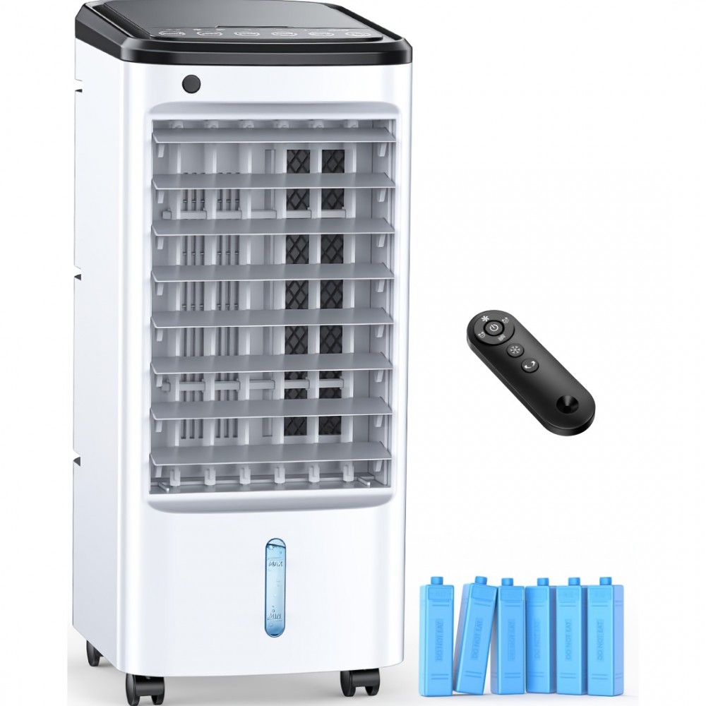 Resfriador de Ar Portátil Sem Janela com 6 Pacotes de Gelo, Temporizador Inteligente de 12H para Desligamento Automático, Controle Remoto de 8m, Tanque de Enchimento Superior, Resfriador Evaporativo com 3 Velocidades e Balanço Automático de 70°