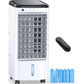 Resfriador de Ar Portátil Sem Janela com 6 Pacotes de Gelo, Temporizador Inteligente de 12H para Desligamento Automático, Controle Remoto de 8m, Tanque de Enchimento Superior, Resfriador Evaporativo com 3 Velocidades e Balanço Automático de 70°