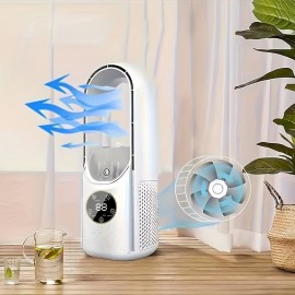 Ventilador portátil sem folhas com luz, ajustável em 9 velocidades, pulverização em 3 velocidades, silencioso, cronometragem de 8 horas, USB, material ABS | Motor sem escovas | Lâmina de turbina | Resfriador de torre de secretária, adequado para sala de e