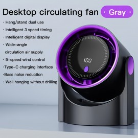 Ventilador portátil recarregável via USB | 100 níveis de resfriamento ajustáveis | Montagem na parede e mesa | Resfriamento rápido | Display digital | Adequado para casa, escritório, cozinha, banheiro e camping ao ar livre | Design roxo, ventilador compac