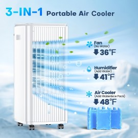 Resfriador de ar sem janelas 3 em 1, tanques duplos, temporizador inteligente, 3 pacotes de gelo, resfriador de ar evaporativo de 60 W, oscilação de 70°, 3 velocidades, resfriador de lagoa de 25 polegadas para quarto